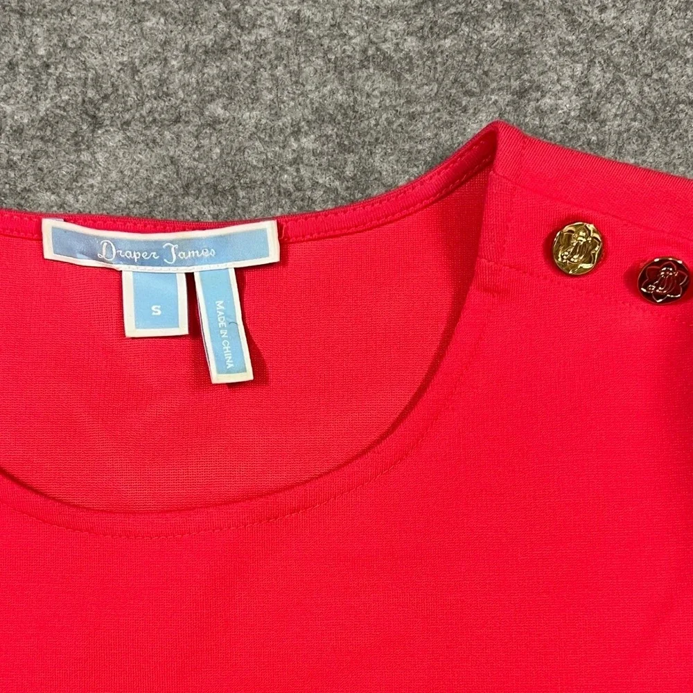 Draper James‎ Bright Pinkish Red Short Sleeve Shift Dress Gold Button Detail SM